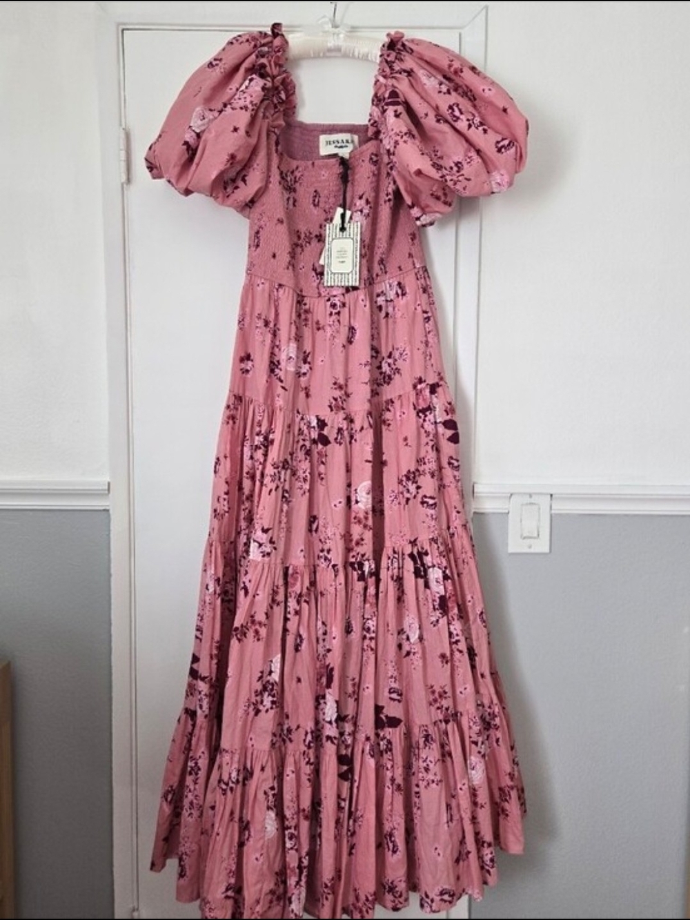 Nwt Jessakae Luna Rose Pink Floral Puff-Sleeve Tiered Maxi Dress S